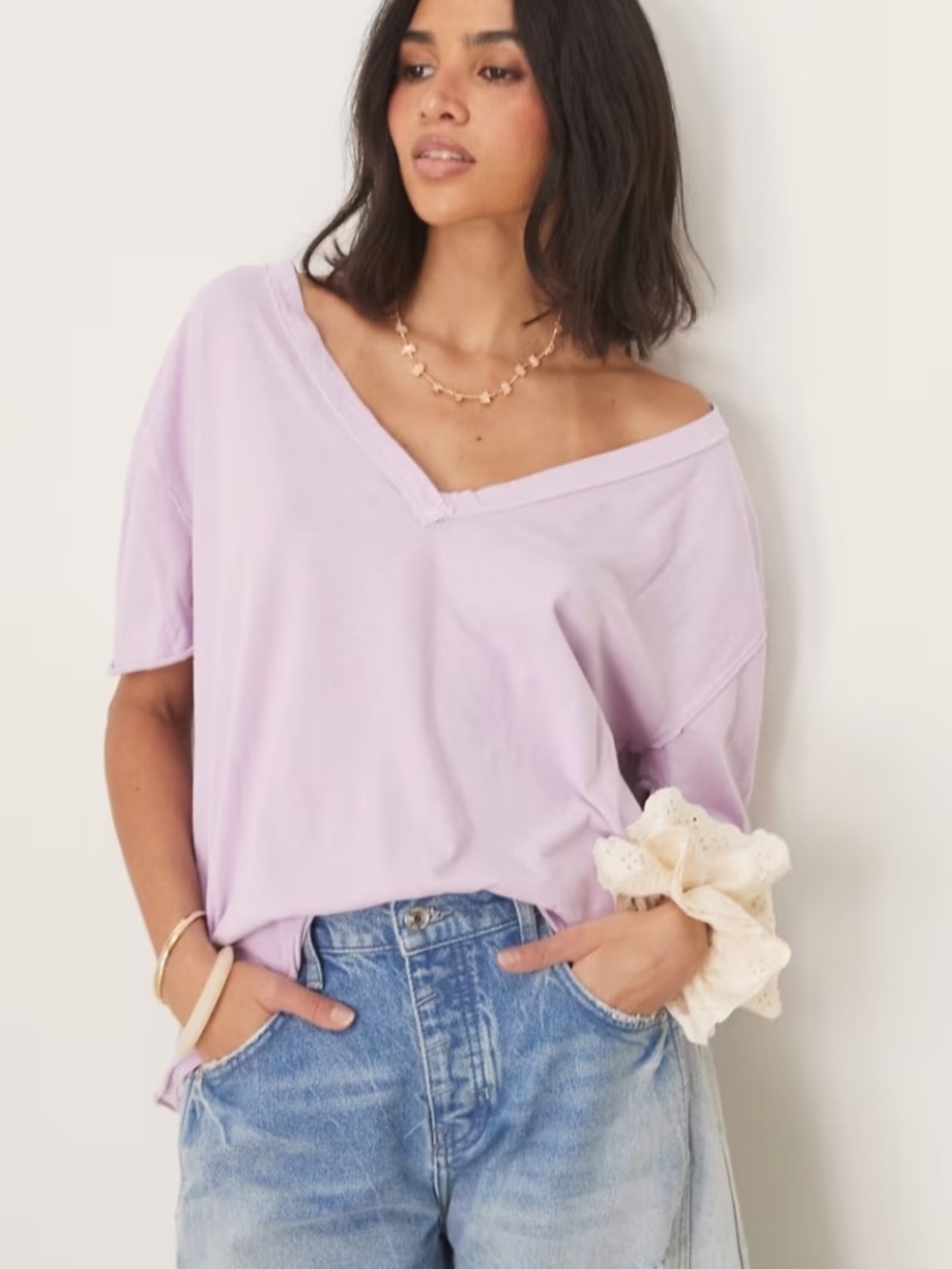 Free People Nina V-neck Oversized Tee in Lavender XS